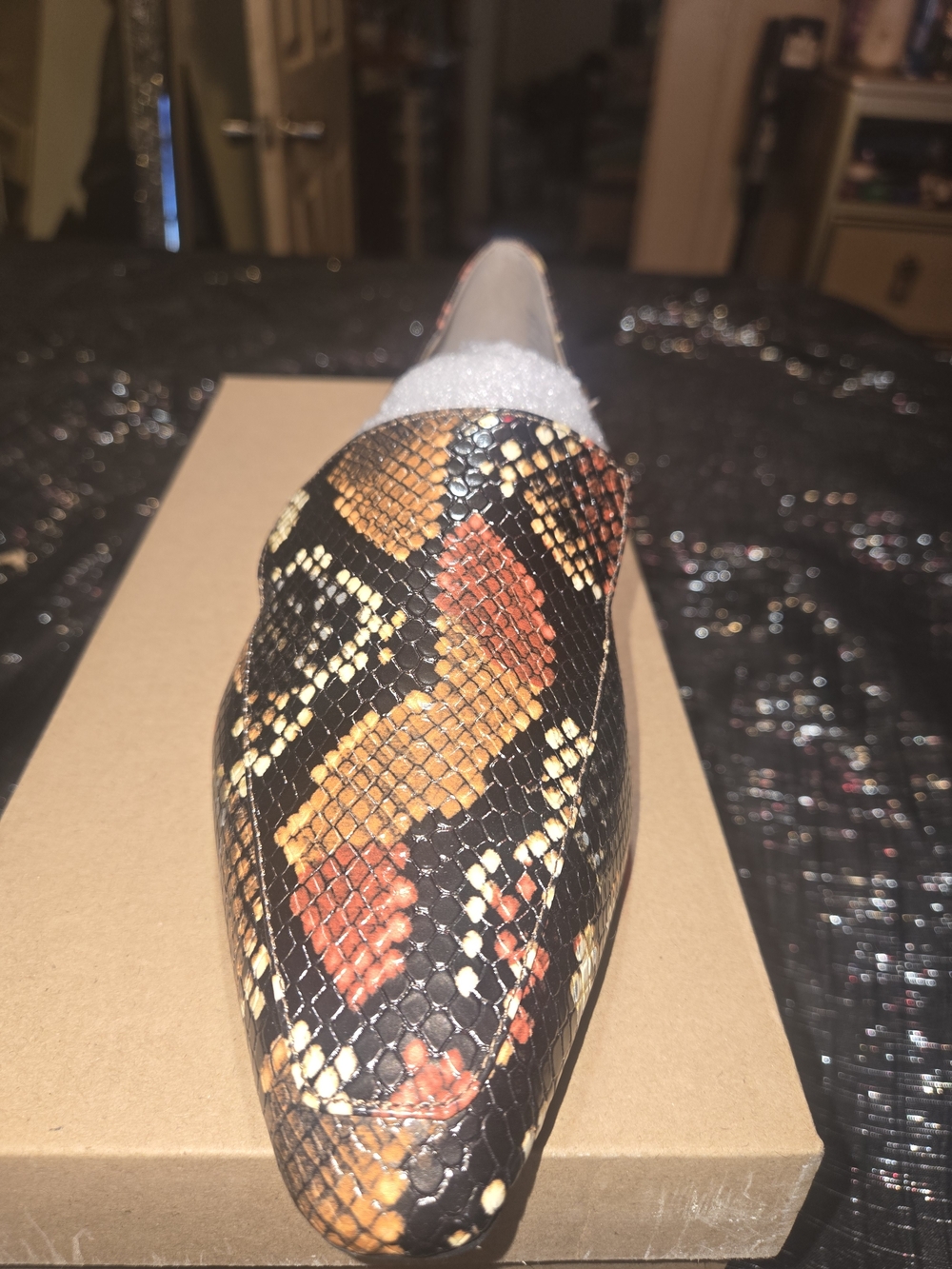 Steve Madden Black Snakeskin-Print Pointed Loafers with Orange & Yellow Accents